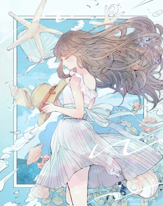 #波の日 波の音に耳を澄ませて 透明水彩風の夏イラストです