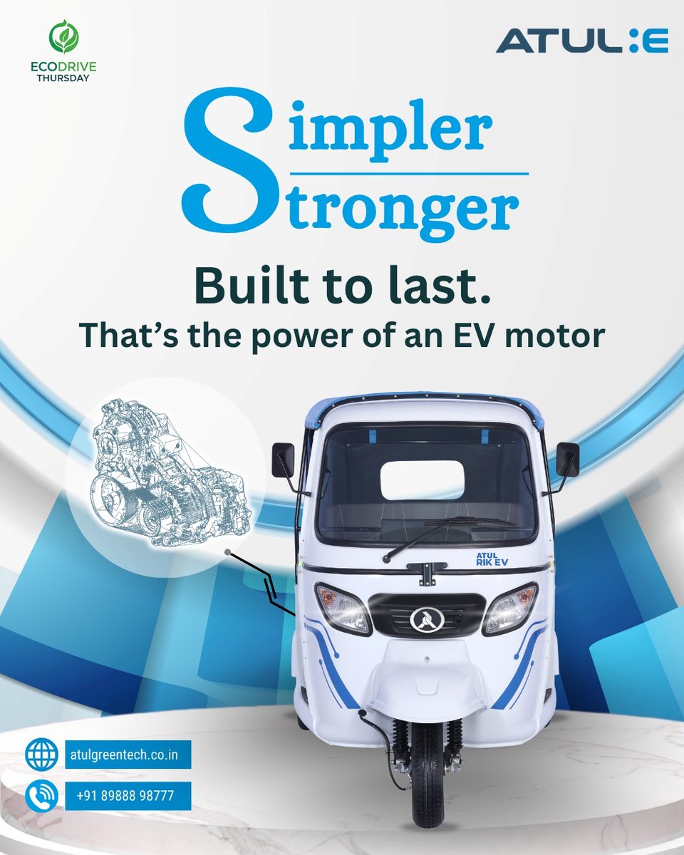 AtulGreentech's tweet photo. EV motors have fewer moving parts than internal combustion engines — meaning less wear, less downtime, and more time on the road.
#EcoDriveThursday #EVMotor #AtulGreentech #EVTech #DriveTheRevolution https://t.co/xrh142OEIK