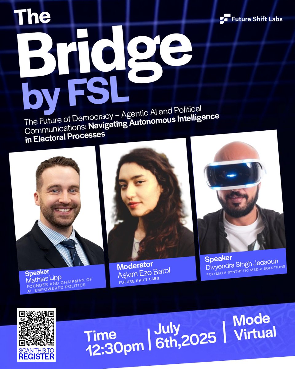 Join Future Shift Labs for a webinar on how Agentic AI is transforming political campaigns, communication strategies, and voter engagement.

6th July 2025 | 12:30 PM IST |  Online (zoom)
Register now: 
futureshiftlabs.com/workshop-regis…

#AgenticAI #AIinPolitics #FutureOfDemocracy