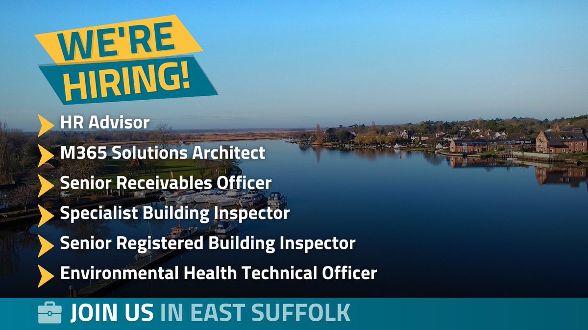 Latest vacancies: 

- HR Advisor
- M365 Solutions Architect
- Senior Receivables Officer
- Specialist Building Inspector
- Senior Registered Building Inspector
- Environmental Health Technical Officer 

Find out more and apply: bit.ly/east-suffolk-c…

#JoinEastSuffolk