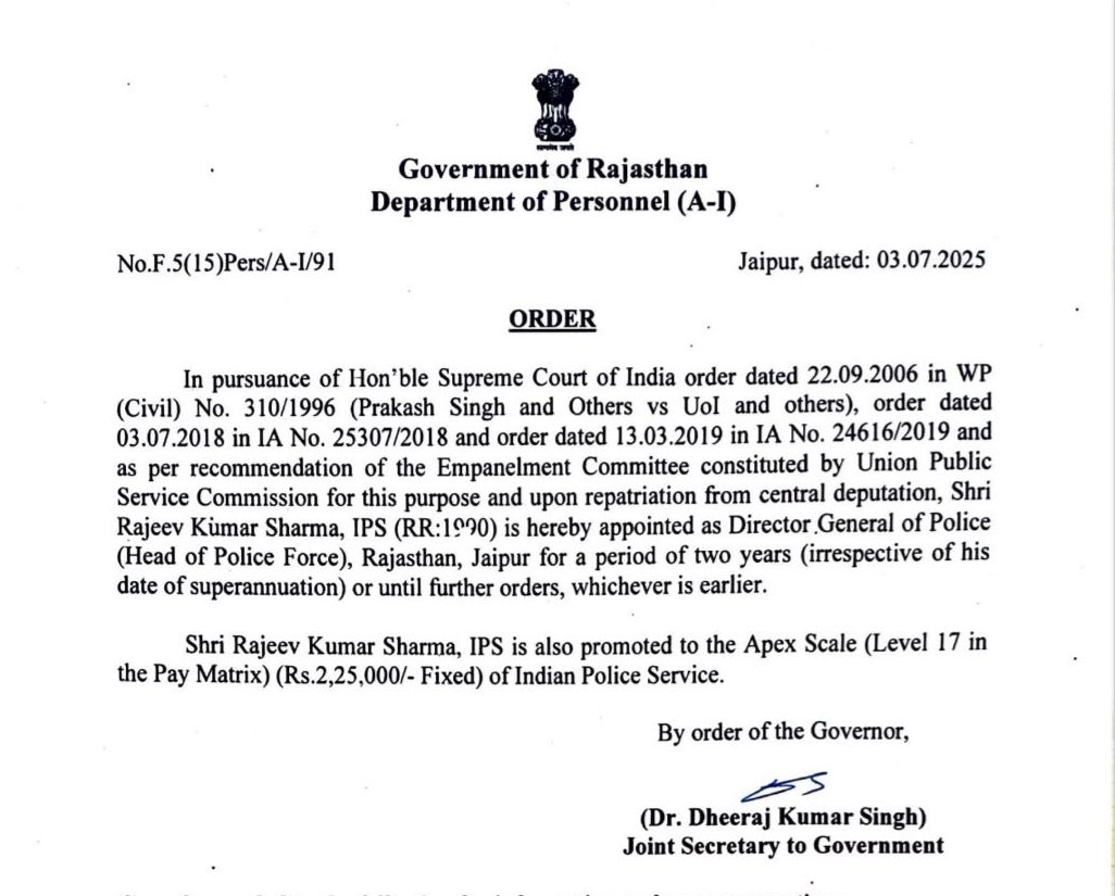 JaipurExplore's tweet image. Rajeev Sharma appointed DGP Rajasthan.
But why isn’t Prakash Singh judgment fully implemented?
It ensures 2-year tenure, limits transfers, and mandates reforms.
Why are police reform laws still gathering dust?

#DGP #PoliceReforms #PrakashSingh #Rajasthan