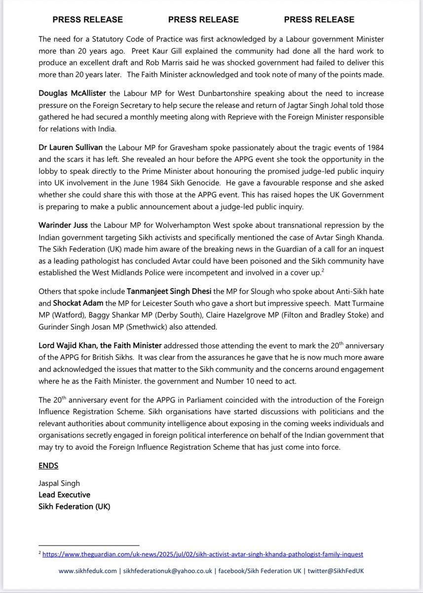 Sikh Federation (UK) (@sikhfeduk) on Twitter photo Parliamentary Group representing Sikhs celebrates its 20th anniversary
Key highlights:
· All Party Parliamentary Group (APPG) for British Sikhs <a href="/AppgBritSikhs/">APPG for British Sikhs</a> sets out some of its achievements and priorities
· UK Government urged to make a stepped change in Parliamentary Group representing Sikhs celebrates its 20th anniversary
Key highlights:
· All Party Parliamentary Group (APPG) for British Sikhs <a href="/AppgBritSikhs/">APPG for British Sikhs</a> sets out some of its achievements and priorities
· UK Government urged to make a stepped change in