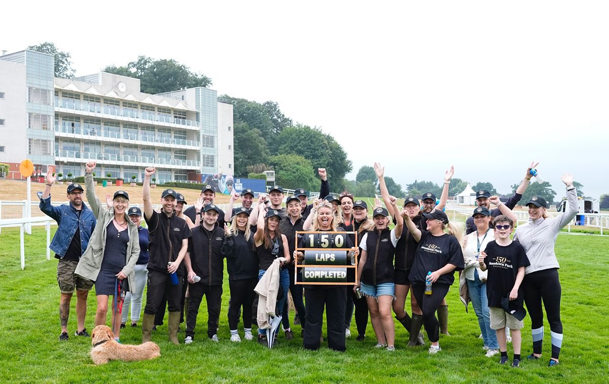 Sandownpark's tweet photo. 150 laps ✅

Over the past 5 days, the team at Sandown Park, members of the racing industry, local charities, and local businesses have walked day and night to help us reach our goal! 

We are raising money for the local community of Elmbridge. Donate here https://t.co/OkS0NEZQKM https://t.co/sCqJI9dVO7