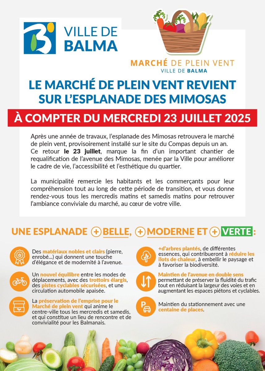🍓 🥒 Le Marché de plein vent revient sur l'esplanade des Mimosas à compter du MERCREDI 𝟮𝟯 𝗝𝗨𝗜𝗟𝗟𝗘𝗧🍊 🌽

#maville #marchélocal #commerçants #balma #marché #convivialite #retour #reamenagement #biodiversité #cadredevie #qualitedevie