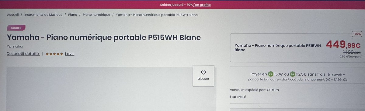 VirginyLa's tweet photo. Bonjour @Cultura,
Le piano Yamaha P-515 WH est affiché à 449 € sur votre site, mais il est introuvable en ligne comme en magasin. Après appel, on me dit qu’il n’est dispo nulle part.
Est-ce une erreur ou une promo fictive ?
Merci de me répondre avant signalement à la DGCCRF. https://t.co/kSyGtDKj71