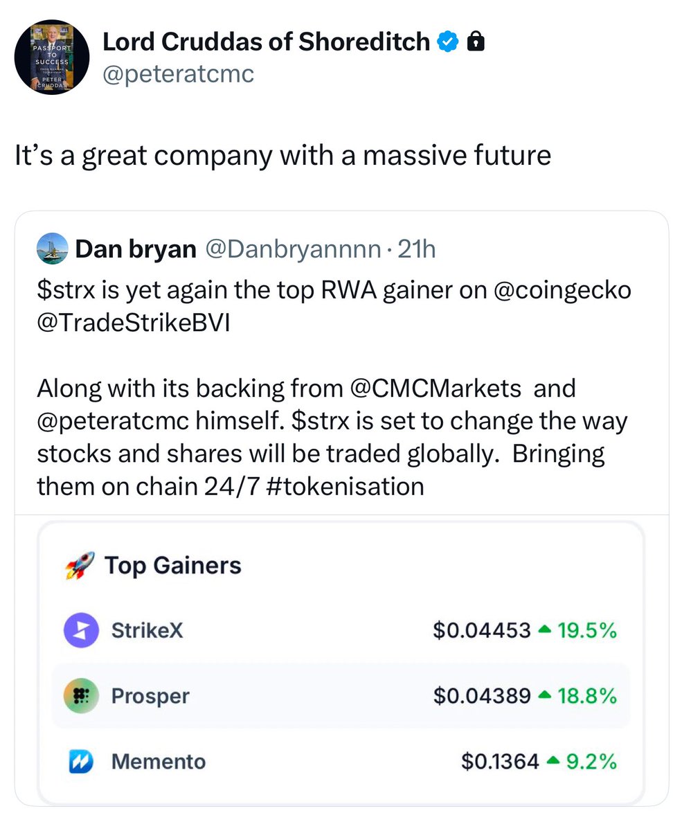 TradingCatman's tweet photo. That’s the buy signal 🚀 Lord @peteratcmc bullish about crypto #Strike $STRX who owns 51% through @CMCMarkets @TradeStrikeBVI  #Tokenisation of real world assets coming #RWA

BSC #BNBChain 
0xd6fdde76b8c1c45b33790cc8751d5b88984c44ec https://t.co/1MUbYG563l