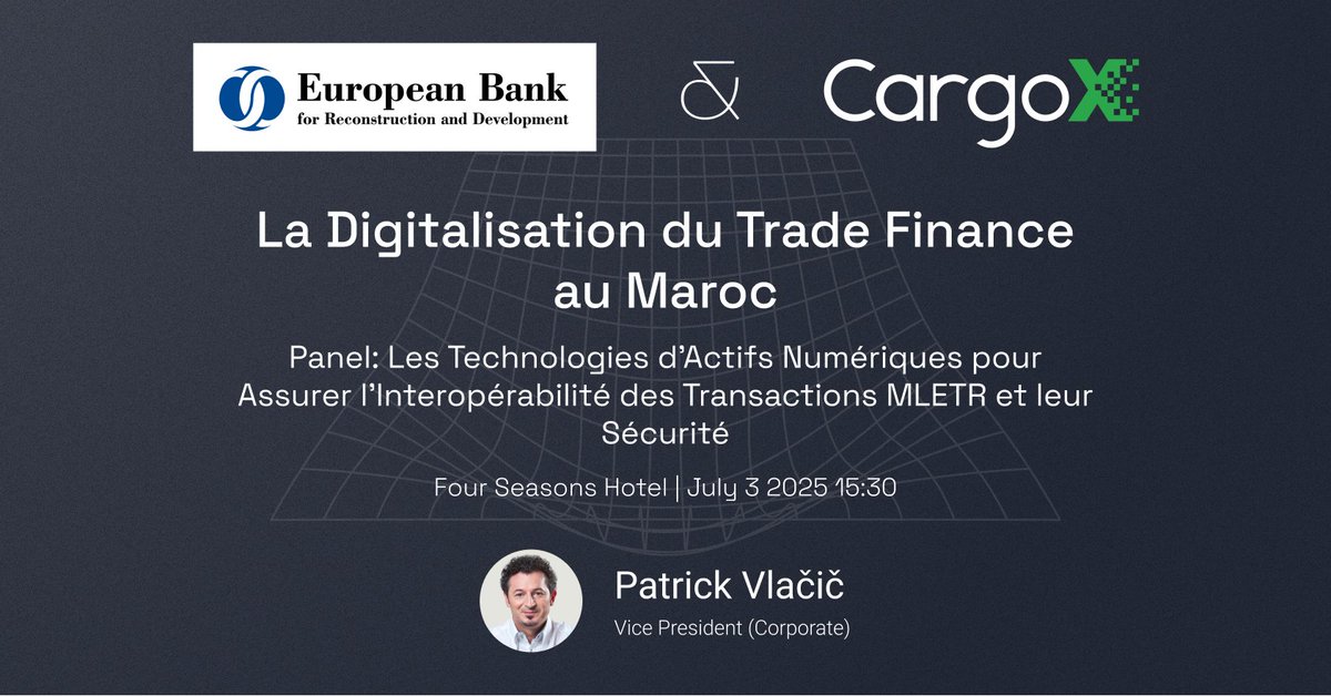 On the 3rd of July our VP Corporate Patrick Vlačič, will be speaking at the “La Digitalisation du Trade Finance au Maroc” conference in Casablanca, Morocco.
Join Session 7 at 15:30 on technologies that enable the digitization of trade finance.
#MLETR #TradeFinance #CargoX