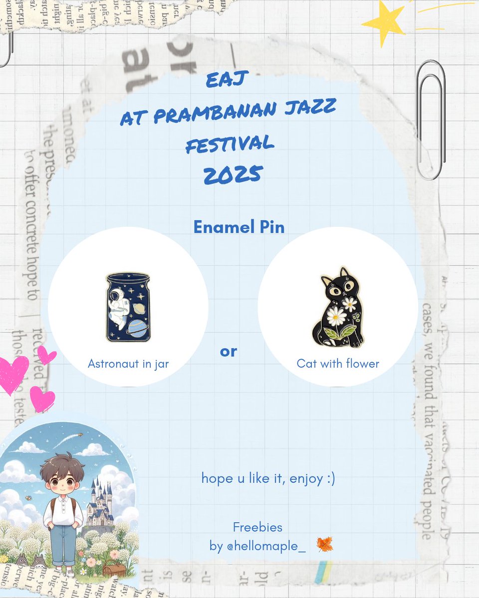 💫Freebies PJF Day 1

Can get 1 enamel pin (limited qty)

at Prambanan Jazz Festival
4 July 2025

See u there Jars 🫙👋🏻

#eaj1 
#canwejustpause 
#prambananjazz2025