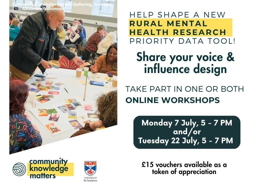 ScienceCeilidh's tweet image. 🧠 Help shape a new rural mental health research priority data tool!
Live/work in a rural area & interested? Join an online workshop to co-design a community-led platform.
🗓 7 &/or 22 July
communityknowledgematters.com/data-visualisa…
#RuralWellbeing #MentalHealthMatters