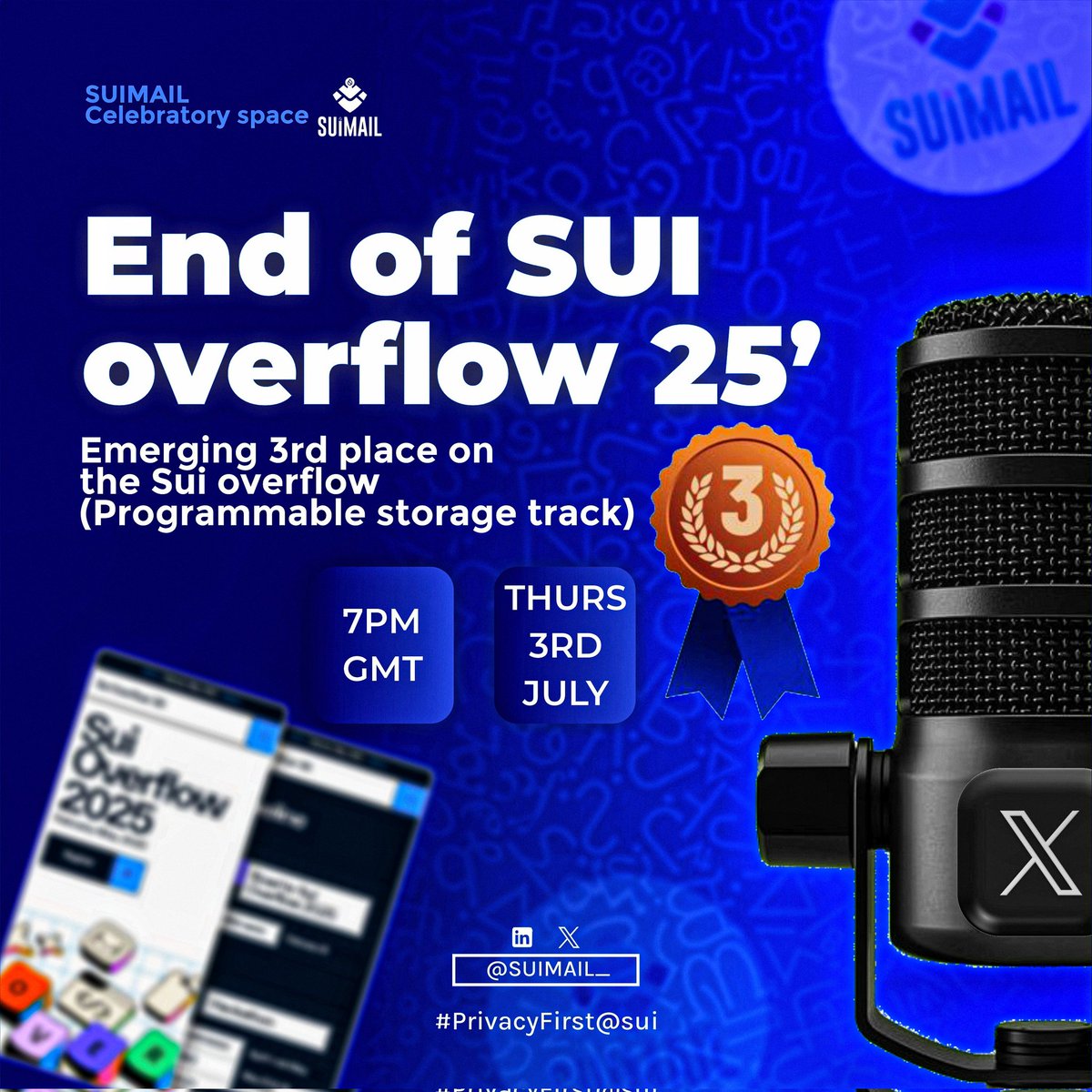 Join us on this X Space tonight to celebrate 

Relive the hackathon moments and share the excitement! 🎊

 Who's ready to join the celebration? 🚀 #Suimail #SuiOverflow25