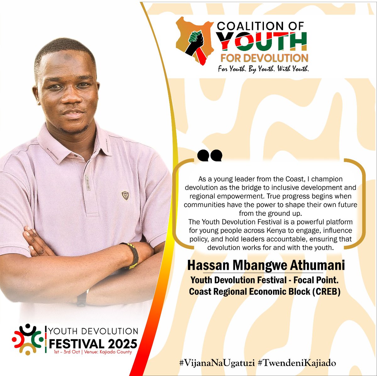 YouthDevolution's tweet image. "The Youth Devolution Festival is a powerful platform for young people across Kenya to engage, influence policy and hold leaders accountable, ensuring Devolution works for qnd with the Youth." Hassan Mbangwe, Focal point,Coastal Region Economic Bloc