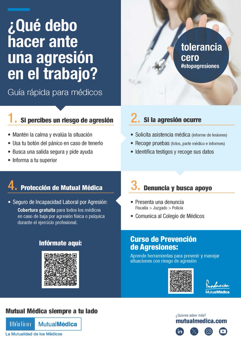 RICOMSevilla's tweet image. Mutual Medica ofrece una guía rápida ante una agresión en el trabajo.