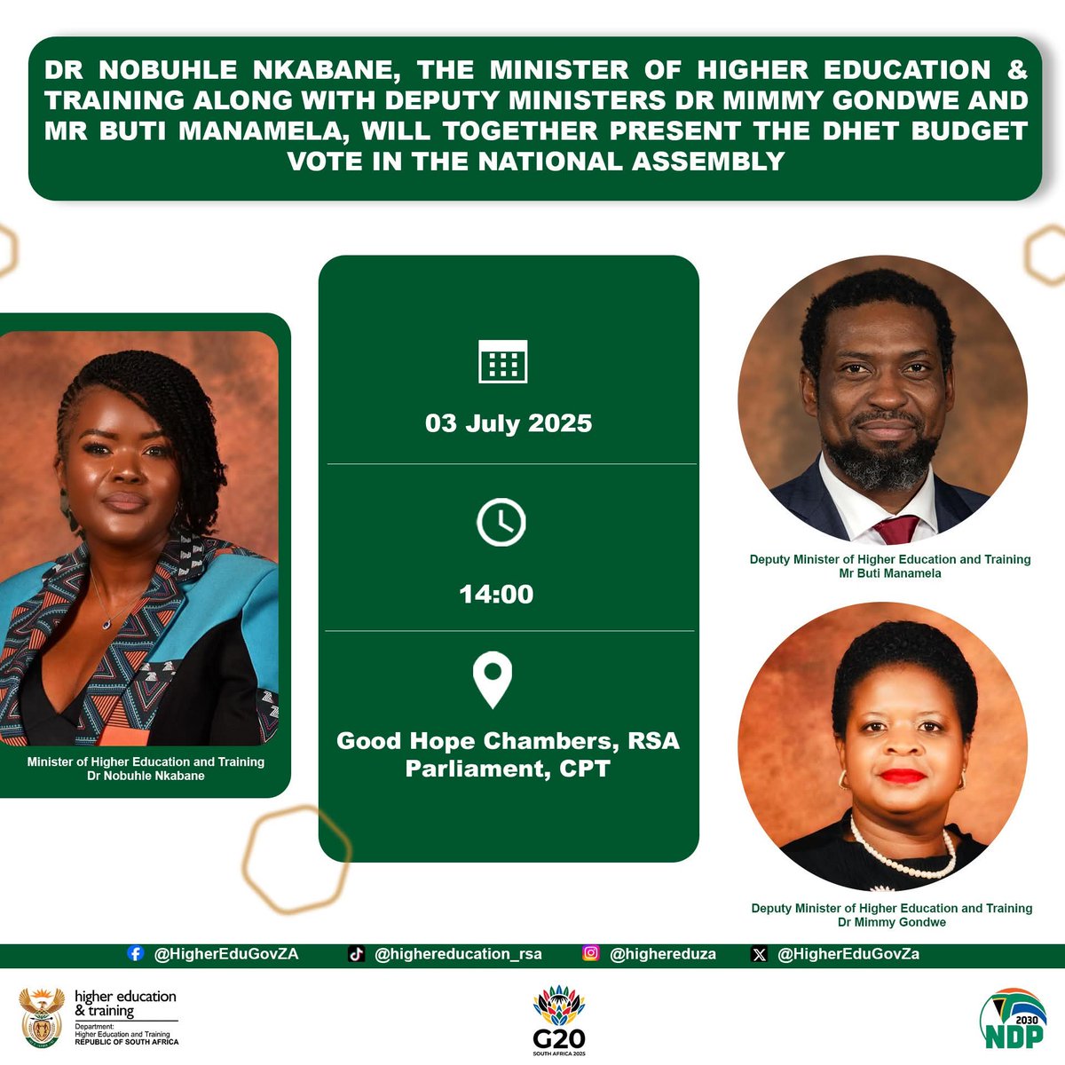 HigherEduGovZA's tweet photo. The Ministry of Higher Education and Training will table the Department's Budget Vote today at 14:00 at the National Assembly  in Parliament, Cape Town.
#BudgetVote2025 #DHETBudgetVote
@Dr_NobuhleN @MichelleObama @ButiManamela https://t.co/43UeEAETKi