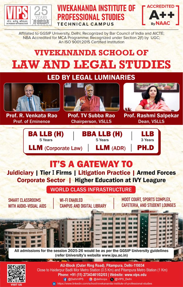 The Vivekananda School of Law and Legal Studies, led by legal luminaries, offers comprehensive programs: BA LLB (H), BBA LLB (H), LLB, LLM (Corporate Law), LLM (ADR), and Ph.D. Prepare for careers in judiciary, law firms, armed forces, corporate sector, and higher education.