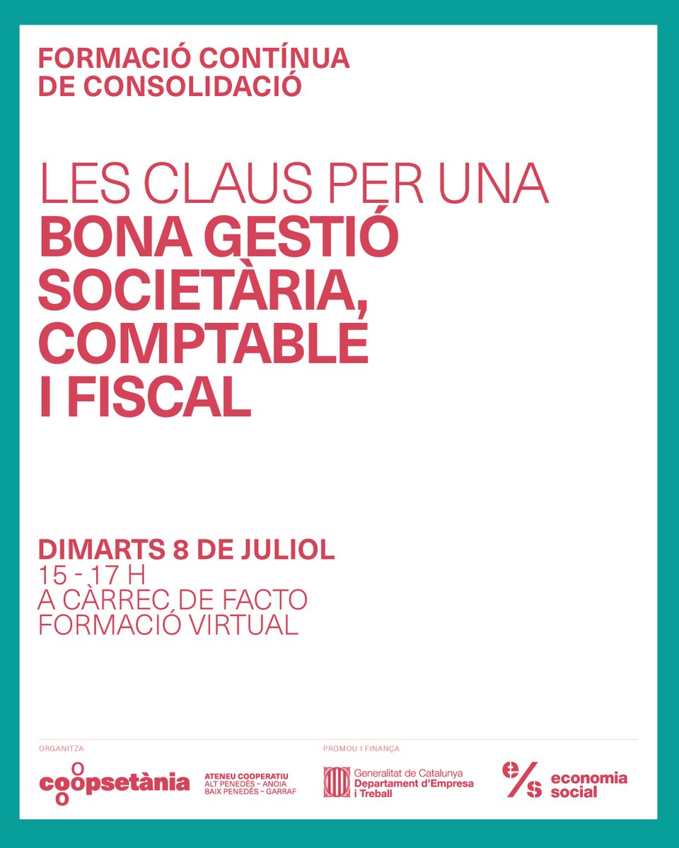 📋 Formació sobre gestió societària, comptable i fiscal per a cooperatives.

📍 Virtual | Gratuïta
🗓️ Dimarts, 8 de juliol
⏰ 15:00 - 17:00 h
🔗 Inscripcions limitades! coopsetania.cat/agenda/formaci…

#Cooperatives #Formació #GestióFiscal #EconomiaSocial