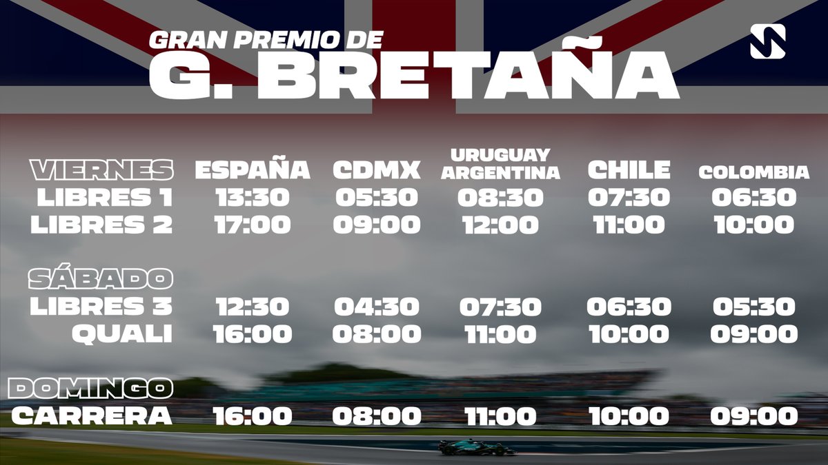 victorabadf1's tweet photo. 🏁 H O R A R I O S 🏁

Llegó uno de los fines de semana más entretenidos del año: visitamos el histórico circuito de Silverstone, Gran Premio de Gran Bretaña 🇬🇧.

Muchas mejoras pendientes y previsión de lluvia. Vayan haciendo palomitas.

Comparte los horarios, salva una vida. https://t.co/E3mlFZFzAH