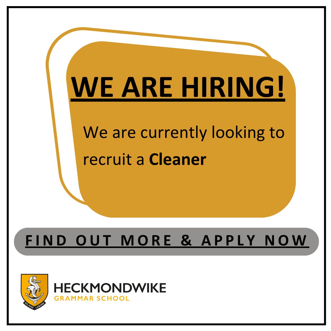 🚨Cleaning Roles available from September 2025 🚨
Click the link below to apply online, call 01924 40202 or pop in to reception for an application form heckgrammar.co.uk/vacancies/clea…
#jobvacany #JobSearch #cleaning