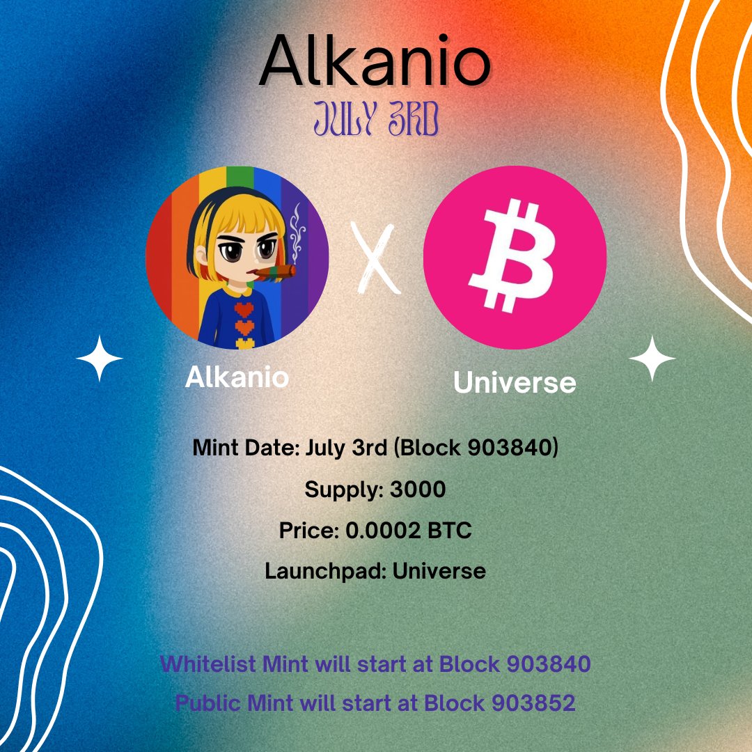 Alkanio (@alkanionft) on Twitter photo ALKANIO LAUNCH DETAILS
3000 alkanio ๐ญ 0.0002 BTC
MINT LINK: launchpad.bitcoinuniverse.io/launchpad/alkaโฆ
WL STAGE
โซ๏ธStarts at block 903840
โซ๏ธApprox 2pm UTC
โซ๏ธ3 per wallet
PUBLIC STAGE
โซ๏ธStarts at block 903852
โซ๏ธ3 per wallet
Check WL: launchpad.bitcoinuniverse.io/wl-checker
Like, Retweet and Tag 3 Friends ALKANIO LAUNCH DETAILS
3000 alkanio ๐ญ 0.0002 BTC
MINT LINK: launchpad.bitcoinuniverse.io/launchpad/alkaโฆ
WL STAGE
โซ๏ธStarts at block 903840
โซ๏ธApprox 2pm UTC
โซ๏ธ3 per wallet
PUBLIC STAGE
โซ๏ธStarts at block 903852
โซ๏ธ3 per wallet
Check WL: launchpad.bitcoinuniverse.io/wl-checker
Like, Retweet and Tag 3 Friends