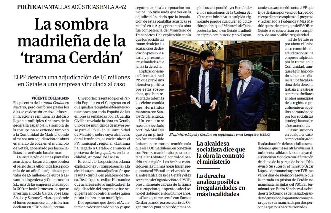 AJMesaGarrido's tweet image. 🔴 La sombra madrileña de la trama Cerdán, en Getafe.
@elmundoes se hace eco de nuestra denuncia sobre las conexiones de la alcaldesa con Santos Cerdán y de la adjudicación sospechosa de la obra de las pantallas acústicas de la A-42 a una de las empresas de la trama por valor de…