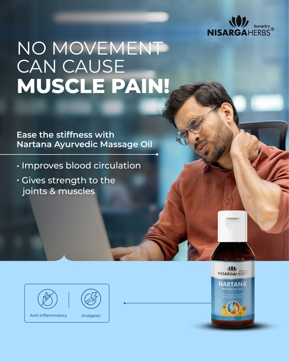 nisarga_herbs's tweet photo. No fancy therapies required! Treat joint pains caused by a sedentary lifestyle with Nisarga Herbs' Nartana Massage Oil.

#NartanaOil #MusclePainRelief #DeskJobProblems #AyurvedicMassage #StiffnessRelief #HerbalHealing #JointSupport #NaturalPainRelief #AntiInflammatory https://t.co/GhsW1iimi6