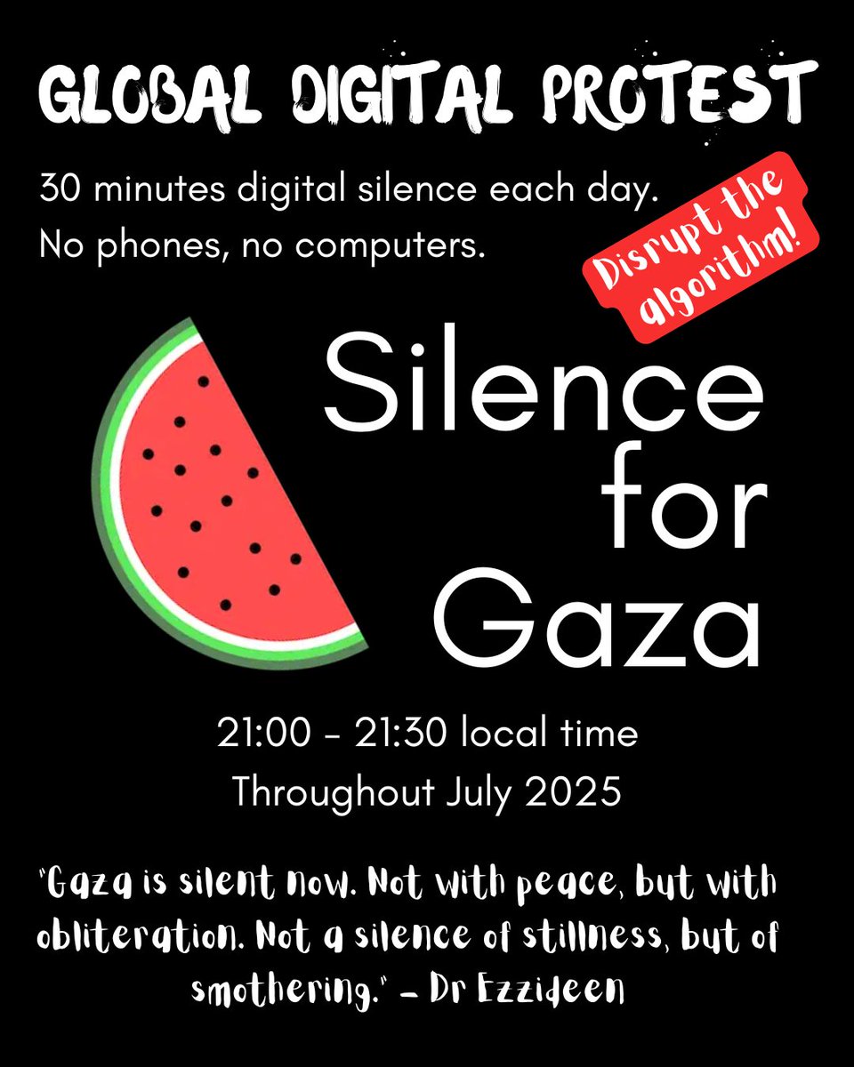 TamaraEBGreen's tweet photo. Can you help make the silence too loud to be ignored? 30 mins of digital silence each day at 9pm. 
#silenceforgaza #StopTheGenocideInGaza #PalestineAction https://t.co/Yxd302KOzH