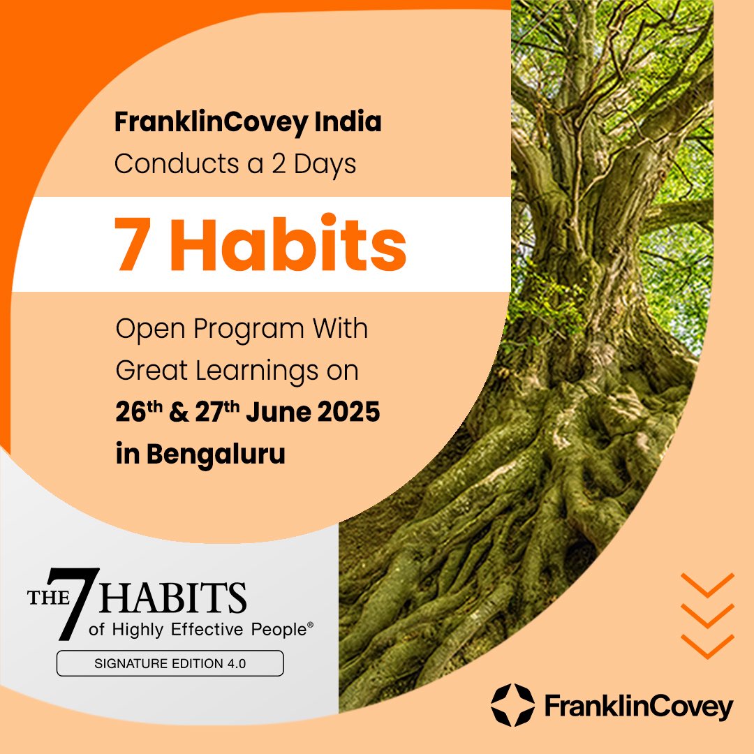 FranklinCovey_I's tweet image. FranklinCovey India conducts a 2 days 7 Habits Open Program with Great Learning on 26th &amp;amp; 27th june 2025 in Bengaluru.
#leadership #onlineprogram #Leaders #7habits
