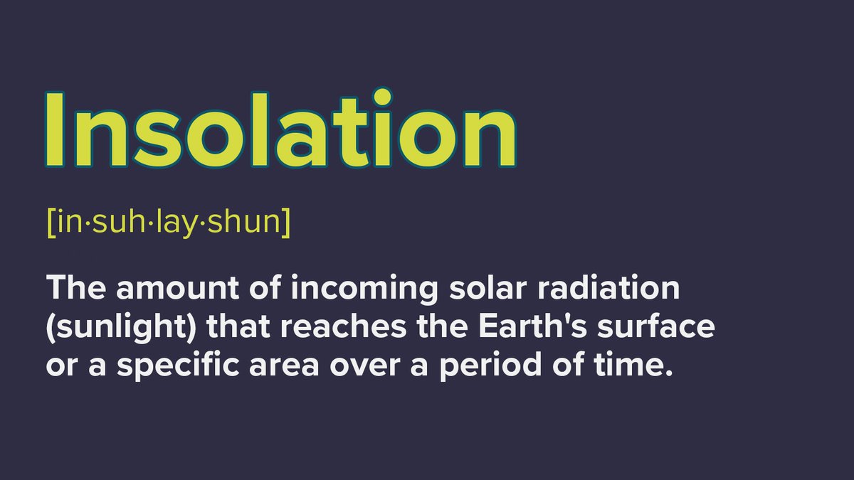 Glasgow Science Centre (@gsc1) on Twitter photo #ScienceWordOfTheWeek
☀️ Insolation - The amount of incoming solar radiation (sunlight) that reaches the Earth's surface or a specific area over a period of time. #ScienceWordOfTheWeek
☀️ Insolation - The amount of incoming solar radiation (sunlight) that reaches the Earth's surface or a specific area over a period of time.