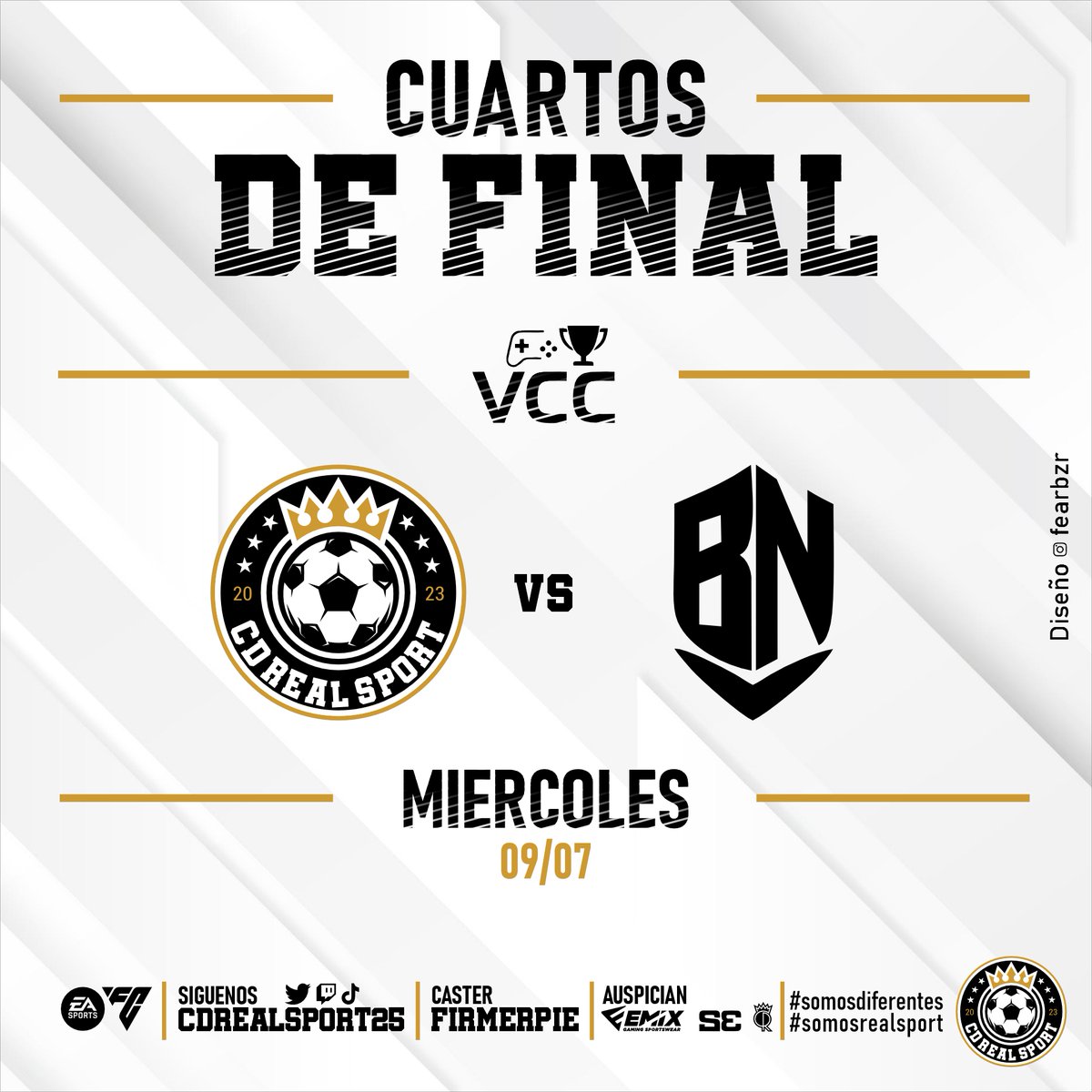 CDRealSport25 (@cdrealsport25) on Twitter photo CUARTOS DE FINAL <a href="/VCC_Gaming/">Virtual Community Competitions</a> #DivisiónÉlite
🏠 VS <a href="/bananoesport/">Banano Esports Club</a>
📺 twitch.tv/cdrealsport25
🖌️ <a href="/fearbzr/">Fernando Arocena FE4rBzR*</a>
#LigaVCC
#somosdiferentes
#somosrealsport
💛🖤🤍 CUARTOS DE FINAL <a href="/VCC_Gaming/">Virtual Community Competitions</a> #DivisiónÉlite
🏠 VS <a href="/bananoesport/">Banano Esports Club</a>
📺 twitch.tv/cdrealsport25
🖌️ <a href="/fearbzr/">Fernando Arocena FE4rBzR*</a>
#LigaVCC
#somosdiferentes
#somosrealsport
💛🖤🤍
