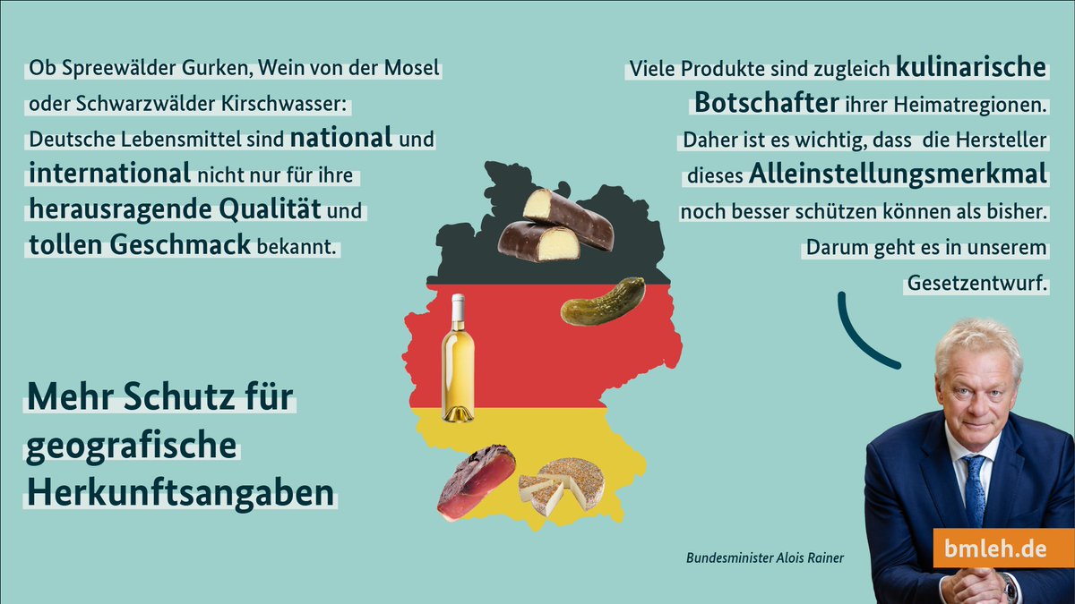 Von Spreewälder Gurken bis Schwarzwälder Schinken: Geografische Angaben von Produkten, v.a. auch von handwerklichen &amp; industriellen Erzeugnissen, sollen besser geschützt werden. Das sieht unser gemeinsamer Gesetzentwurf mit dem <a href="/bmjv_bund/">BMJV</a> vor.

⬇️ bmleh.de/goto?id=123248