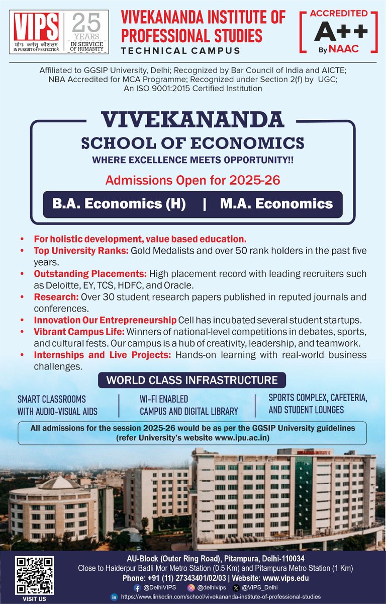 Unlock your potential in the world of economics! Vivekananda School of Economics offers B.A. Economics (H) &amp; MA Economics programs focused on holistic development &amp; value-based education. We pride ourselves on top university ranks, outstanding placements with leading recruiters.