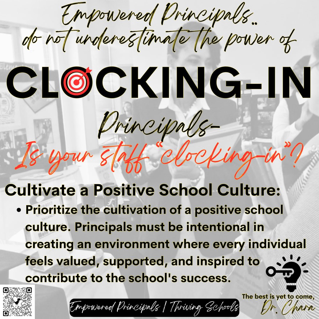 Welcome to virtual "bite-sized" leadership development w/ Dr. Chara.

#EssentialCs | Clocking-In 

Principals-
⏰Employee Engagement 
⏰Workplace Culture
⏰Talk to your people
⏰Get in classrooms (calibrate &amp; monitor)
⏰Go 🏡at a decent hour

#EmpoweredPrincipalsThrivingSchools