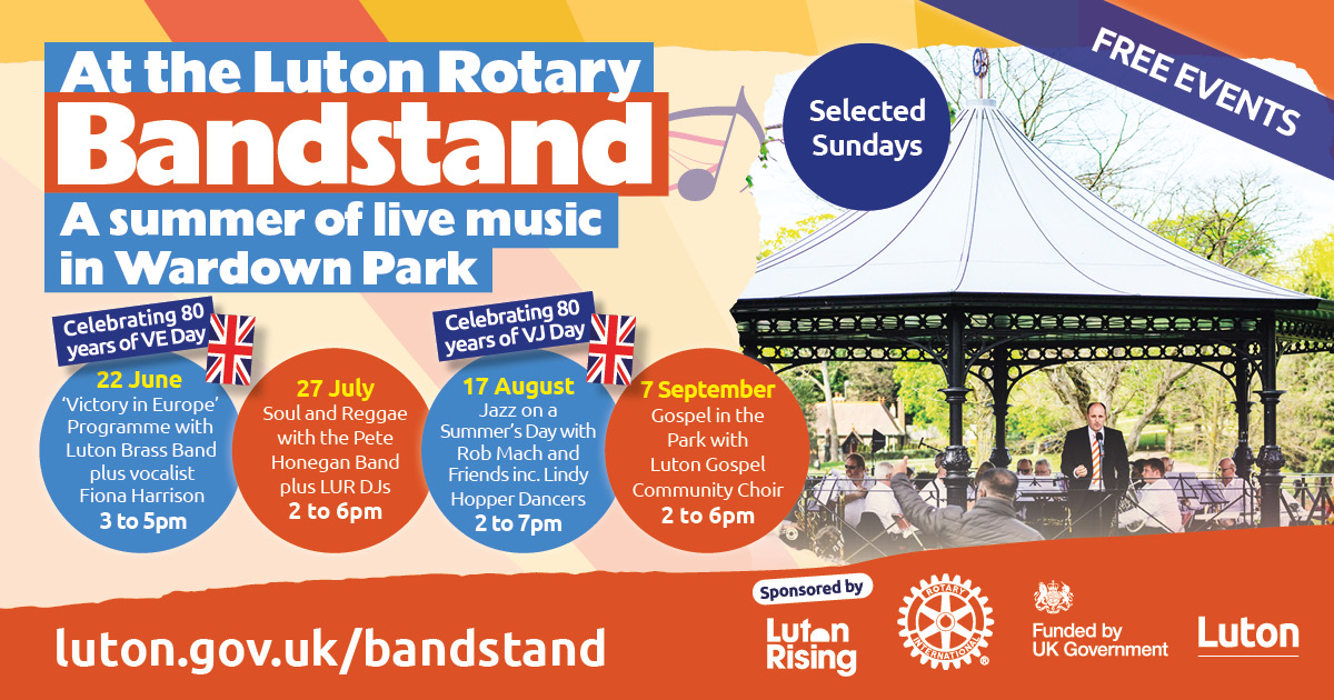 Join us for some free live music events this summer at the Luton Rotary Bandstand! 🎶🎤🕺

🗓️ Next event is on Sunday 27 July
📍 Wardown Park
⏰ 2 to 6pm 
🎷 Soul and Reggae with The Pete Honegan Band

Sponsored by @lutonrising 

#LutonRotaryBandstand #LutonRotaryBandstand2025