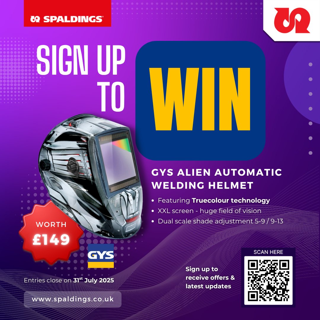 Spaldings's tweet image. 🎉 WIN a GYS Alien Auto Welding Helmet! 🛠️
Featuring TRUE COLOR tech for crystal-clear vision + top-tier UV/IR protection.
🔥 Stay safe. Weld smart.
👉 Enter now: spaldings.co.uk/email-form
🗓️ Ends 31 July 2025 – don’t miss out!
#Giveaway #Welding #PPE #TrueColor