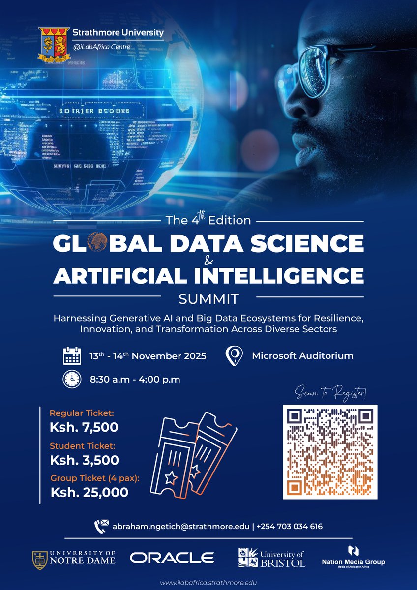 🌍Explore how #GenerativeAI is transforming industries

Join the 4TH #GDSAI Summit by <a href="/iLabAfrica/">@iLabAfrica</a> at <a href="/StrathU/">Strathmore University</a>! 
Meet the big minds in AI, policy and innovation 
📅13th – 14th November 2025
📍 Strathmore University
🎟️ Scan the QR code or register at ilabafrica.strathmore.edu/global-data-sc…

#Tech