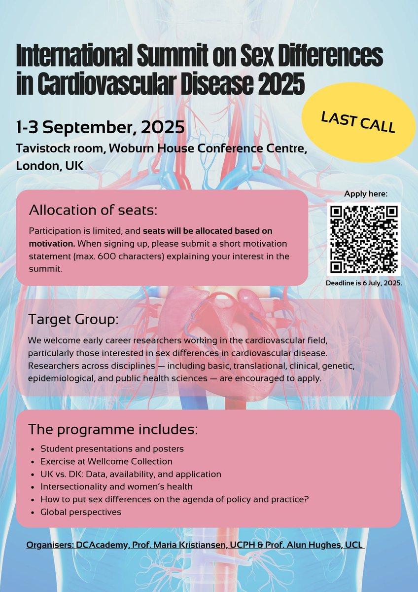 DCAcademyDK's tweet image. ⌛ Last call: International Summit on Sex Differences in Cardiovascular Disease 2025 ⌛
Info:
🏠 Tavistock room, Woburn House Conference Centre, London, UK
🕙 1 September - 3 September 2025
⏳ Deadline for registration: 6 July 2025
👉 Sign up here: ow.ly/Uc4i50WiPK6