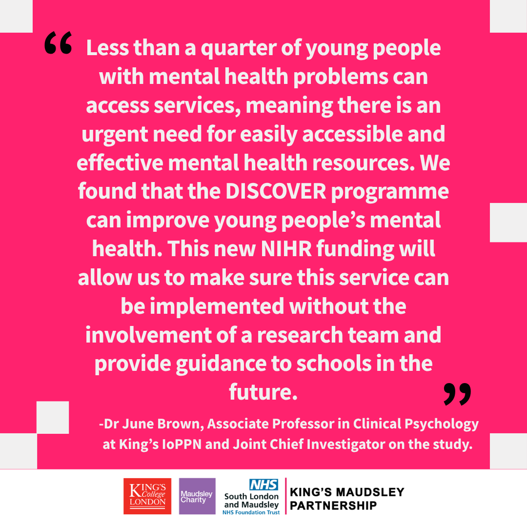 KingsMaudsley's tweet image. 🎉 Researchers at @KingsIoPPN, @KingsCollegeLon, and @ucl received £1.9M from @NIHRresearch to scale the DISCOVER workshops for 16–18-year-olds to manage stress and anxiety. 💬🧠 #KingsMaudsleyPartnership #ChildMentalHealth