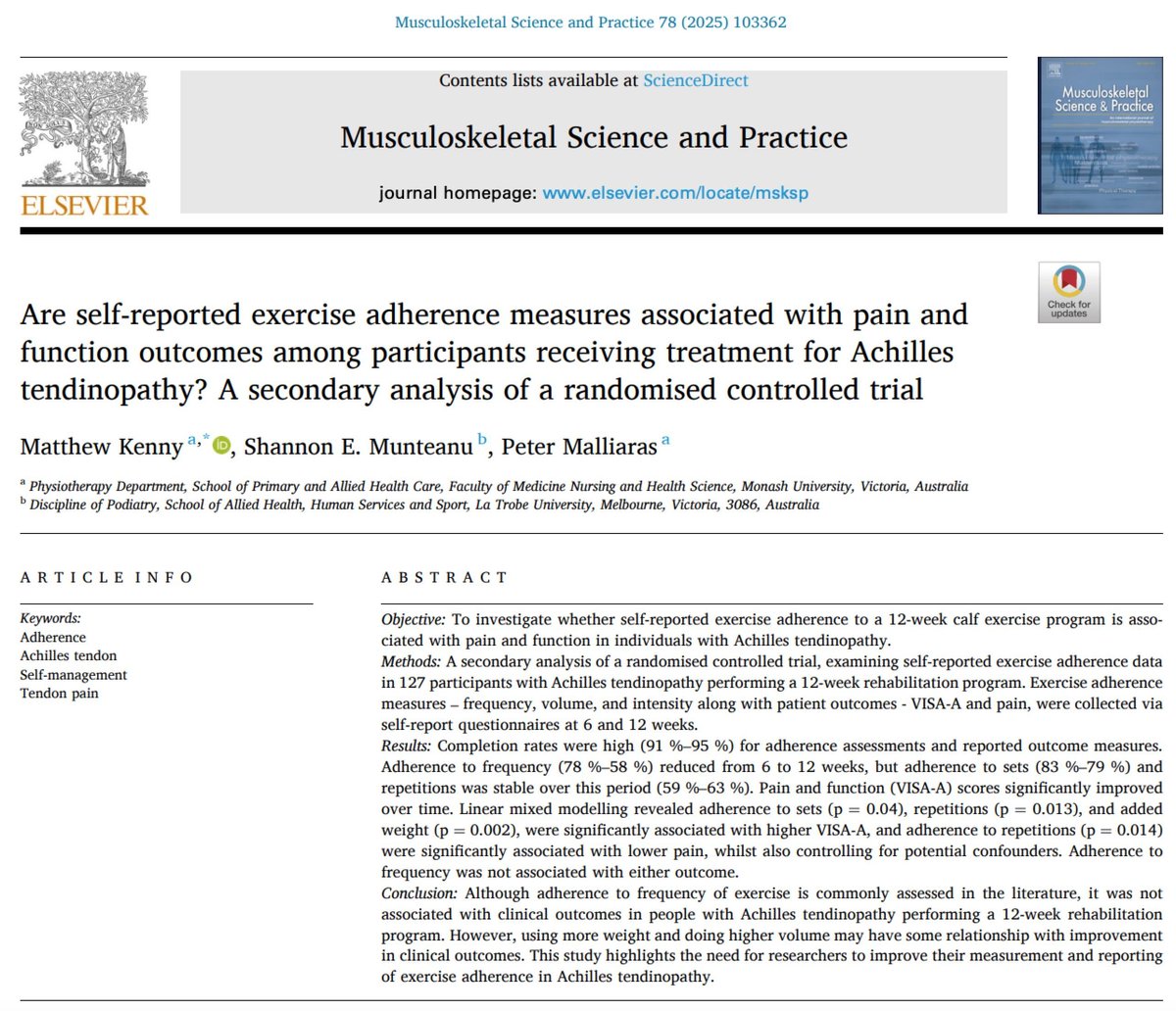 MSKPhysioJnl's tweet image. 🦶New analysis on #AchillesTendinopathy rehab buff.ly/bVQ5fsq : Greater adherence to volume and intensity of exercise—not just frequency—was linked to better pain and function outcomes. Insights for refining how we track #ExerciseAdherence.🦵🏻