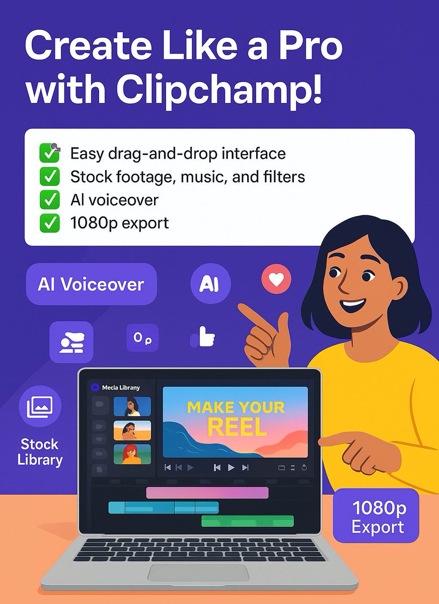 🖥️ Create Videos Like a Pro with Clipchamp! 🎬

Want to edit videos without the headache? Try Clipchamp, the user-friendly video editor by Microsoft!

✅ Easy drag-and-drop interface
✅ Stock footage, music, and filters
✅ AI voiceover and screen recorder
✅ 1080p exports