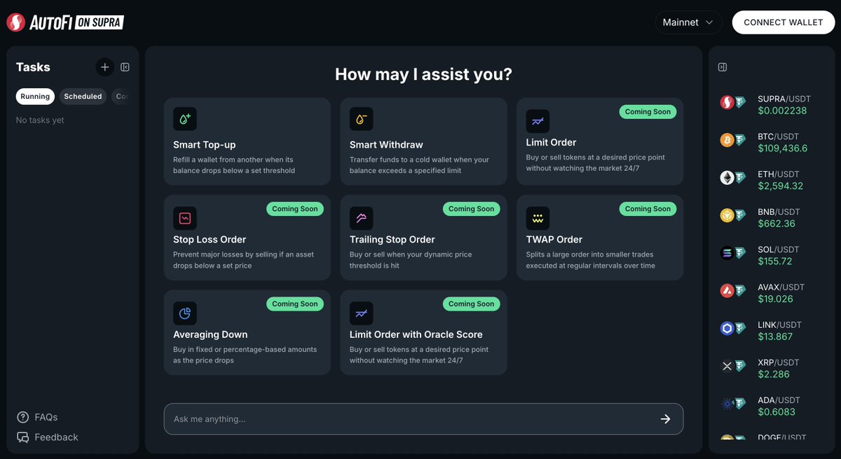 The AutoFi app is live on Supra mainnet!

You can now use the first two use cases on mainnet: Smart Top-ups and Smart Withdraws.

More use cases coming to mainnet next week.

autofi.supra.com