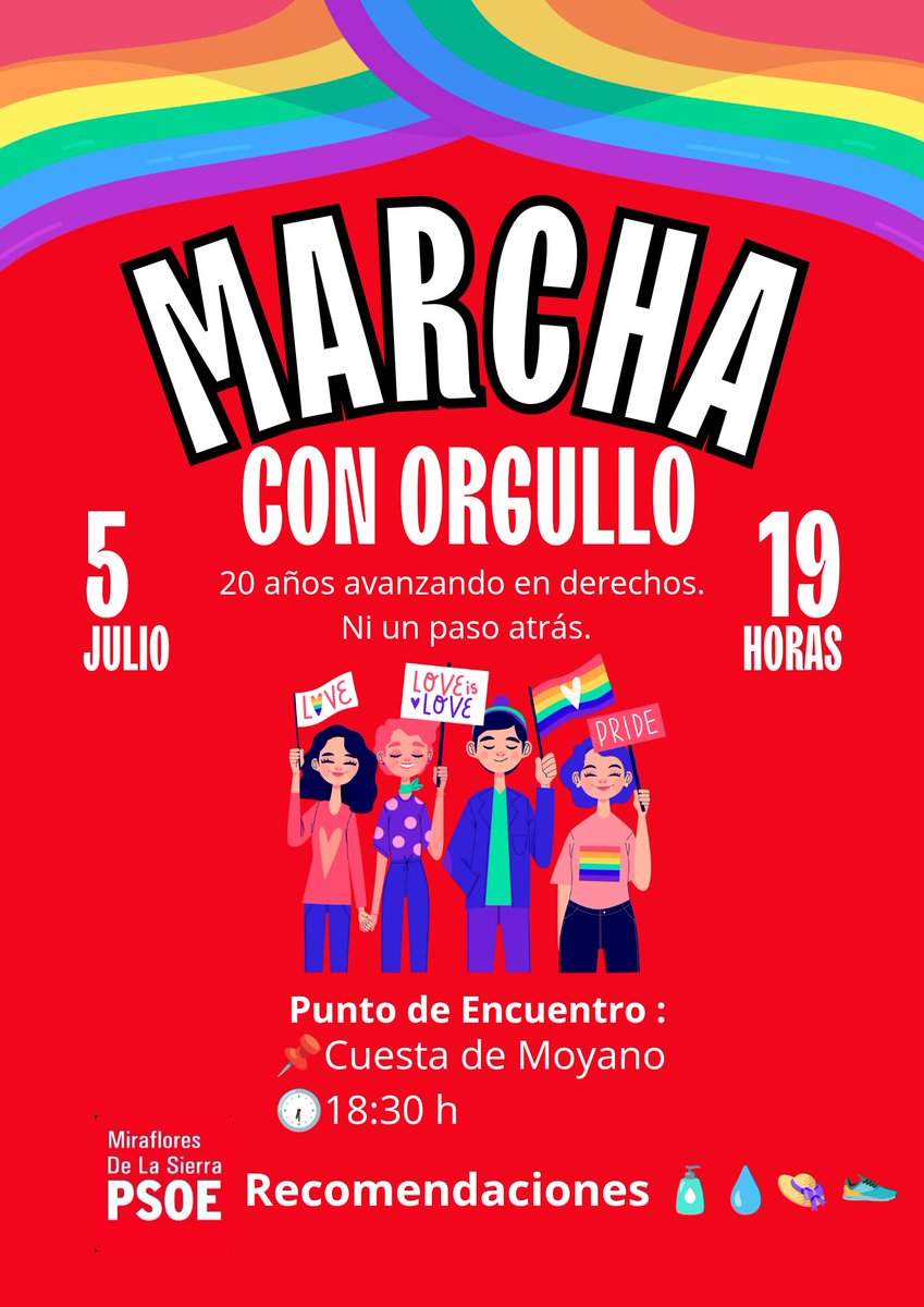 PSOE Miraflores /❤️ 🌹 (@psoemirafloress) on Twitter photo 🌈 Este sábado 5 de julio nos sumamos a la MANIFESTACIÓN DEL ORGULLO LGTBI+ 2025 bajo el lema:
“20 años avanzando en derechos. Ni un paso atrás.”
📍 De Atocha a Colón
🕖 19:00 h
📌 Punto de encuentro del <a href="/psoe_m/">PSOE Madrid</a>: Cuesta de Moyano, 18:30 h
#Orgullo2025 #NiUnPasoAtrás 🌈 Este sábado 5 de julio nos sumamos a la MANIFESTACIÓN DEL ORGULLO LGTBI+ 2025 bajo el lema:
“20 años avanzando en derechos. Ni un paso atrás.”
📍 De Atocha a Colón
🕖 19:00 h
📌 Punto de encuentro del <a href="/psoe_m/">PSOE Madrid</a>: Cuesta de Moyano, 18:30 h
#Orgullo2025 #NiUnPasoAtrás