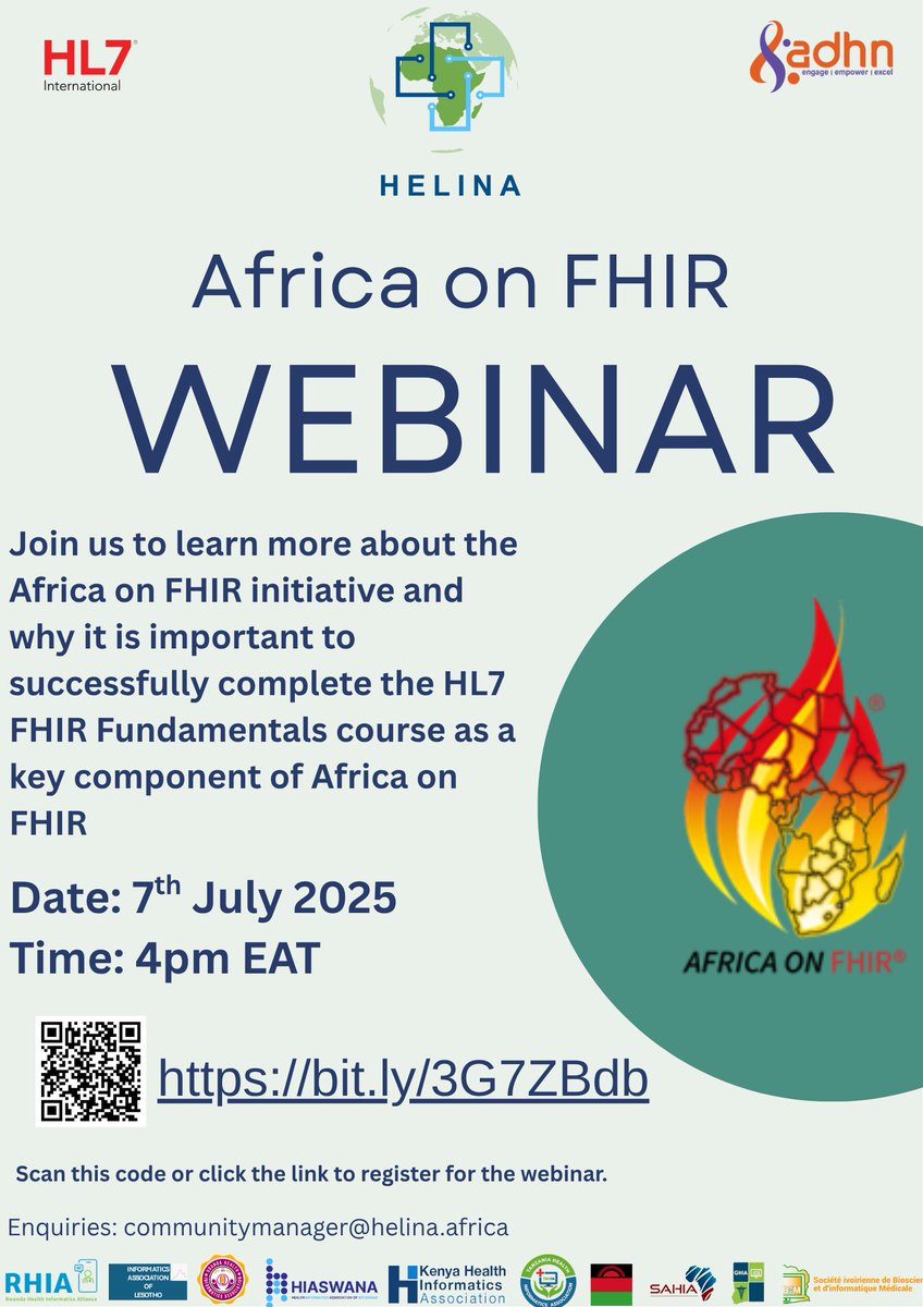 Join us to learn more about the Africa on FHIR Initiative. Applications for the course close on the 4th of July 2025! 
To register for the course, follow this link 👉 lnkd.in/dp4mr7HD

To register for the webinar, follow this link 👉 lnkd.in/dWHTNhvr

#AfricaonFHIR