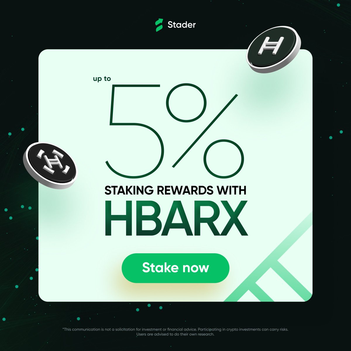 Put your $HBAR to work with Stader

Step into DeFi with #HBARx and tap into powerful integrations:
🌐 Seamless staking
📈 Connected across top DeFi platforms
🔒 Built on secure, audited infrastructure

🔗staderlabs.com/hedera/stake