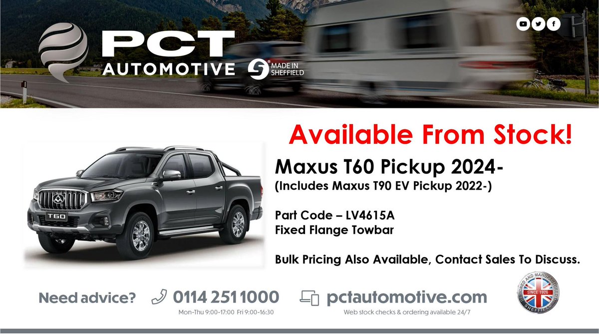 LV4615A - Now In Stock! 

Suitable For The New Maxus T60 Pickup &amp; The Maxus T90 EV Pickup.

Free Next Day Delivery Available 🚚 

Contact Sales To Secure Your Order ☎️ 

#PCTAutomotive #Towbars #Maxus #T60 #CommercialVehicle #SteelCity #MadeinSheffield