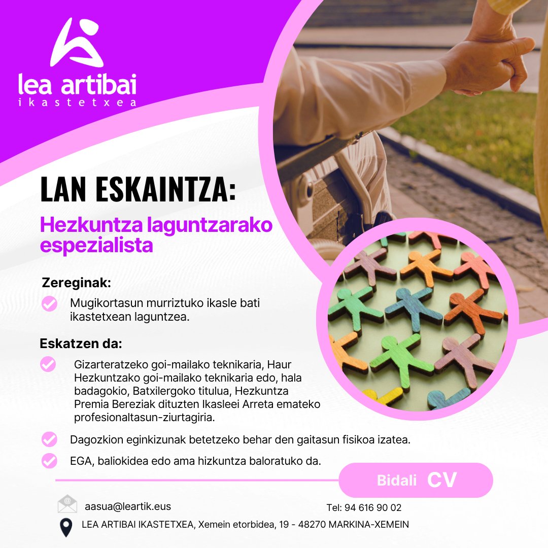 2025-26 ikasturtean gure plantillan honako profil hauek beharko ditugu. 
Bidali zure CV  𝒂𝒂𝒔𝒖𝒂@𝒍𝒆𝒂𝒓𝒕𝒊𝒌.𝒆𝒖𝒔 helbidera.