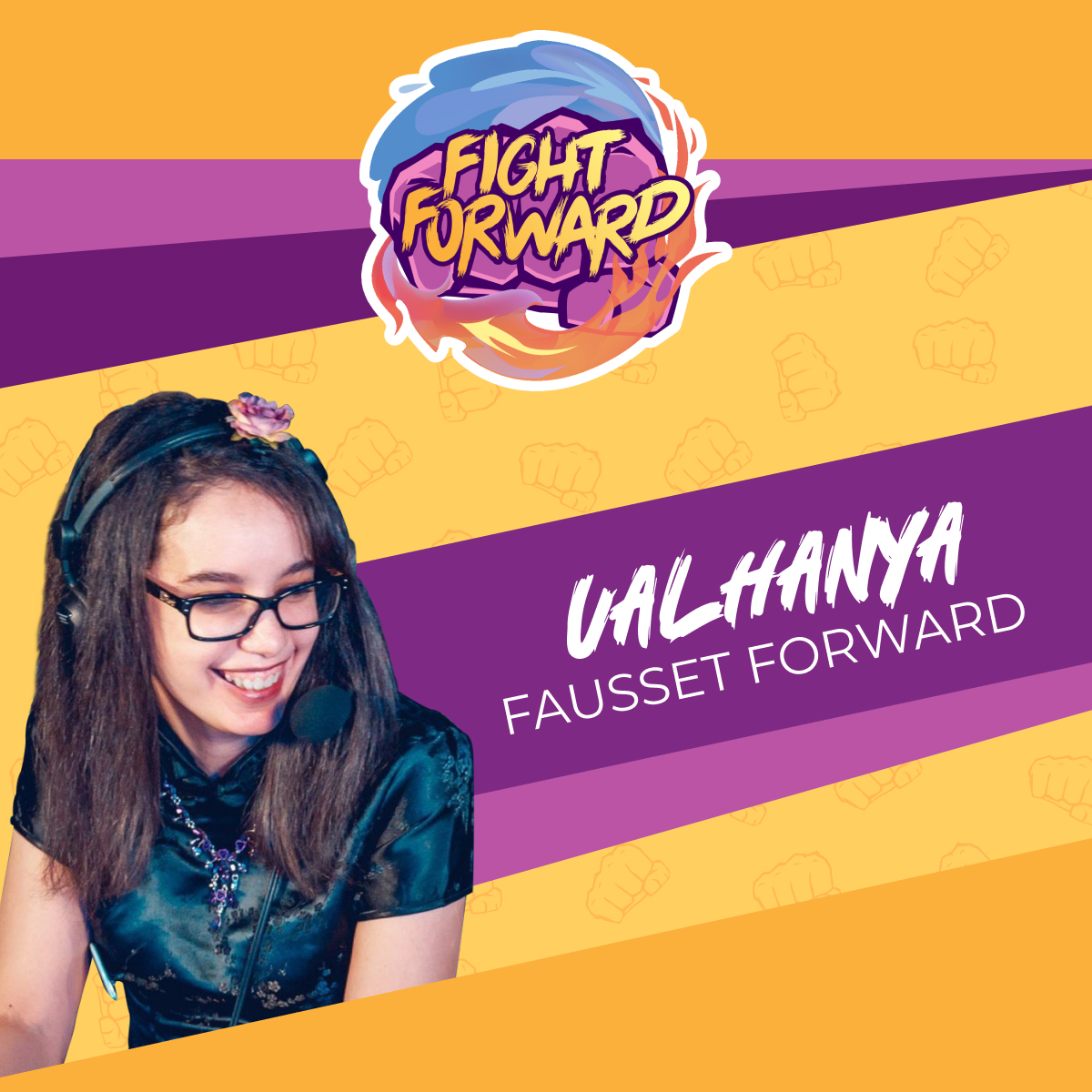 👊Présentation du Bureau de l'Association Fight Forward.  

🟣Valhanya 
🟣Co-Présidente
🟣Future Idole 
🟣Jeu de combat: Soul Calibur VI 
🟣Autre jeu du kokoro: Tales Of Symphonia 

💜