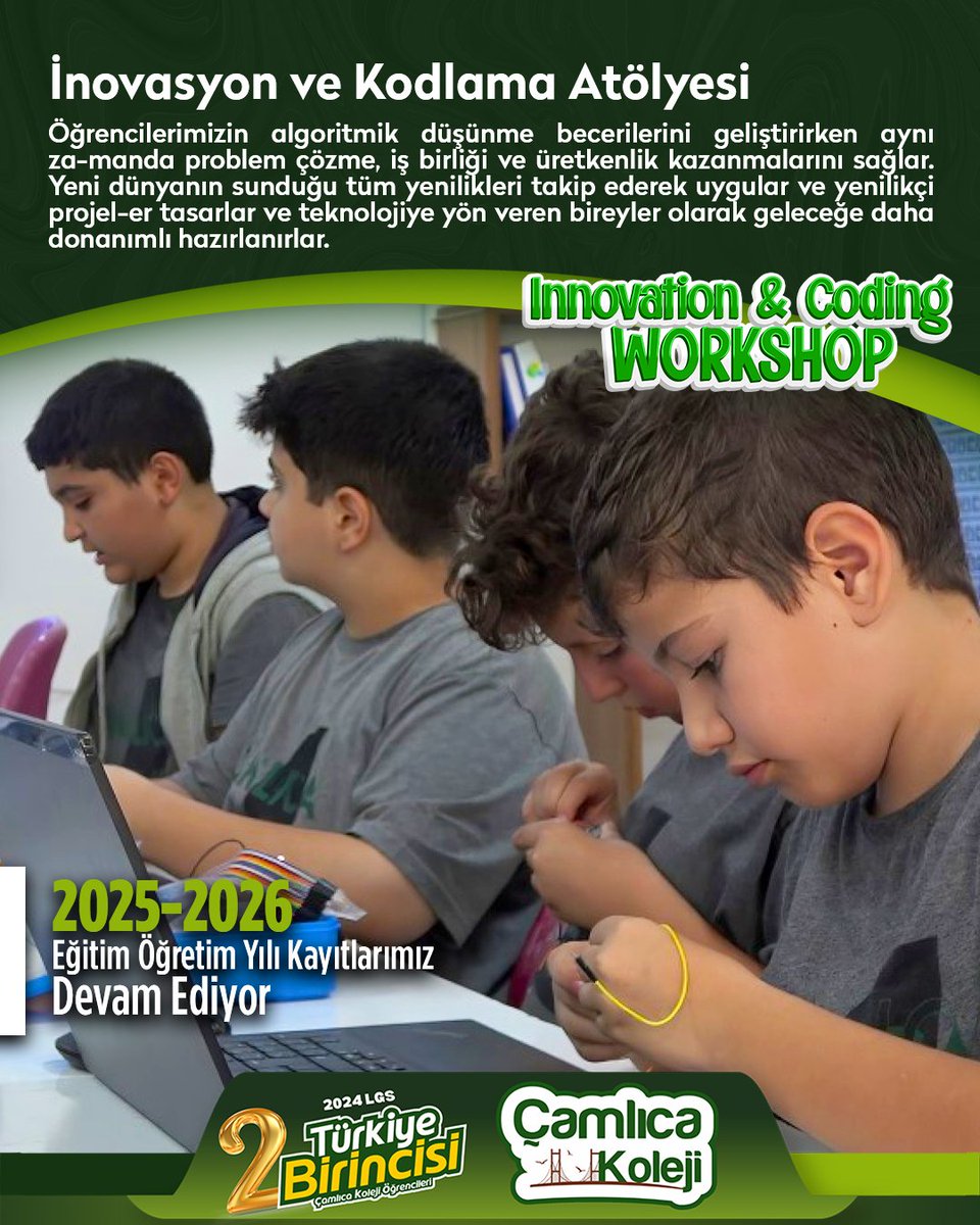 İnovasyon ve Kodlama Atölyesi: Innovation &amp; Coding Workshop

Çamlıca’da öğrenciler, algoritmik düşünme becerilerini geliştiriyor, problem çözme, üretkenlik ve iş birliği yetkinlikleri kazanıyor. 
Yeni dünyanın teknolojilerini tanıyarak kendi projelerini ürettikleri "İnovasyon ve