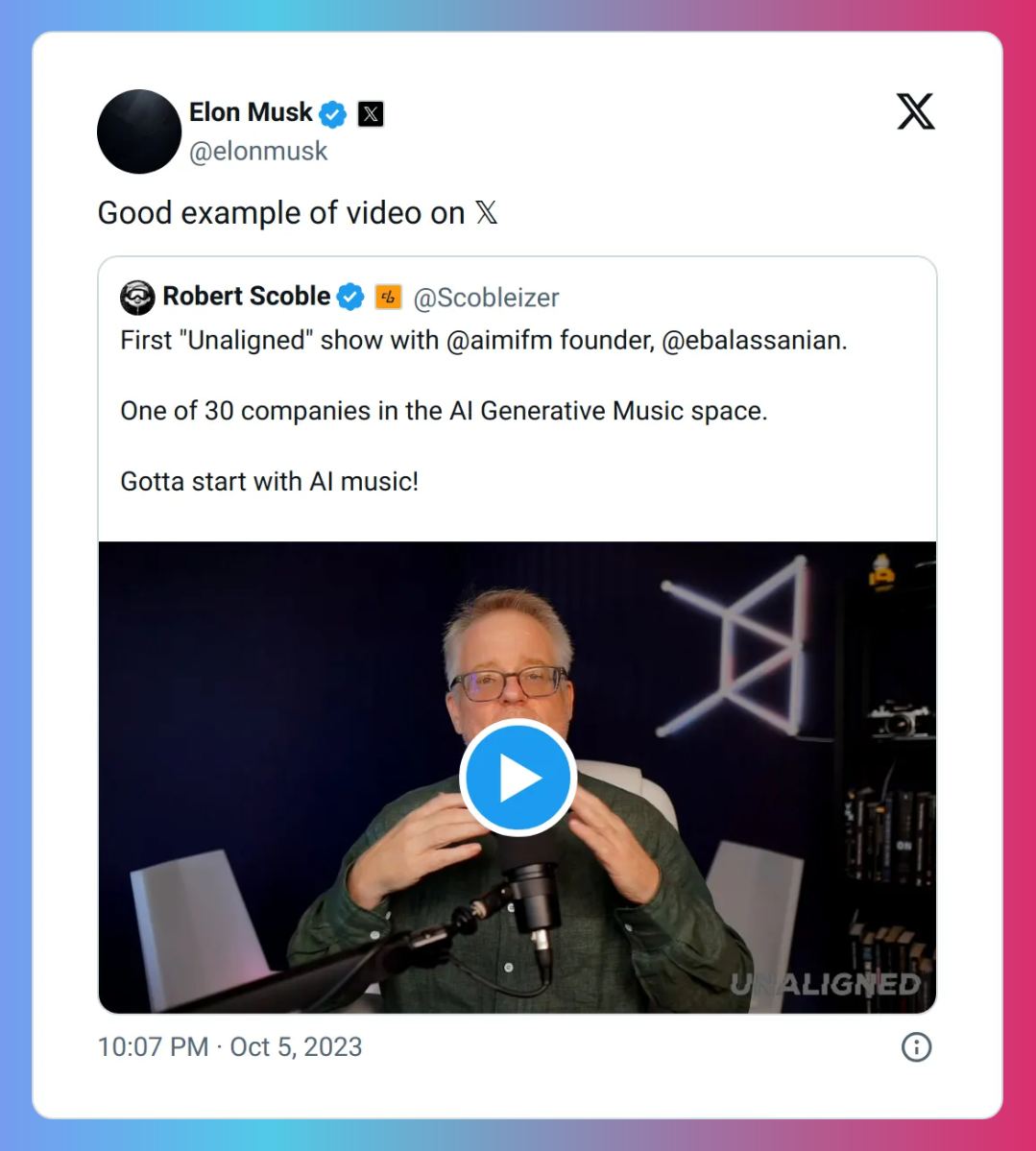 slicedbrand's tweet image. Podcasts are a powerful way to reach the most influential target audience. SlicedBrand landed @Aimi’s CEO on @Scobleizer’s Unaligned podcast, and it resonated so strongly that even @elonmusk shared it. If you’re working on visibility, podcasts are a must.