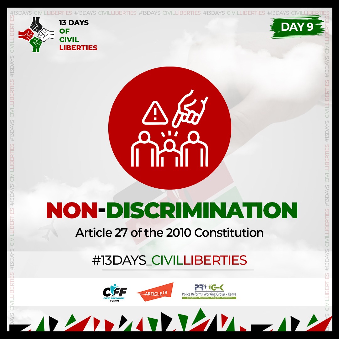 ReformsGroup's tweet image. Article 27 of the Constitution of Kenya guarantees equality and freedom from discrimination. Every person is equal before the law and has the right to equal protection and benefit of the law. #RightToProtest #13Days_CivilLiberties #FreedomofExpression #EndPoliceBrutalityKE