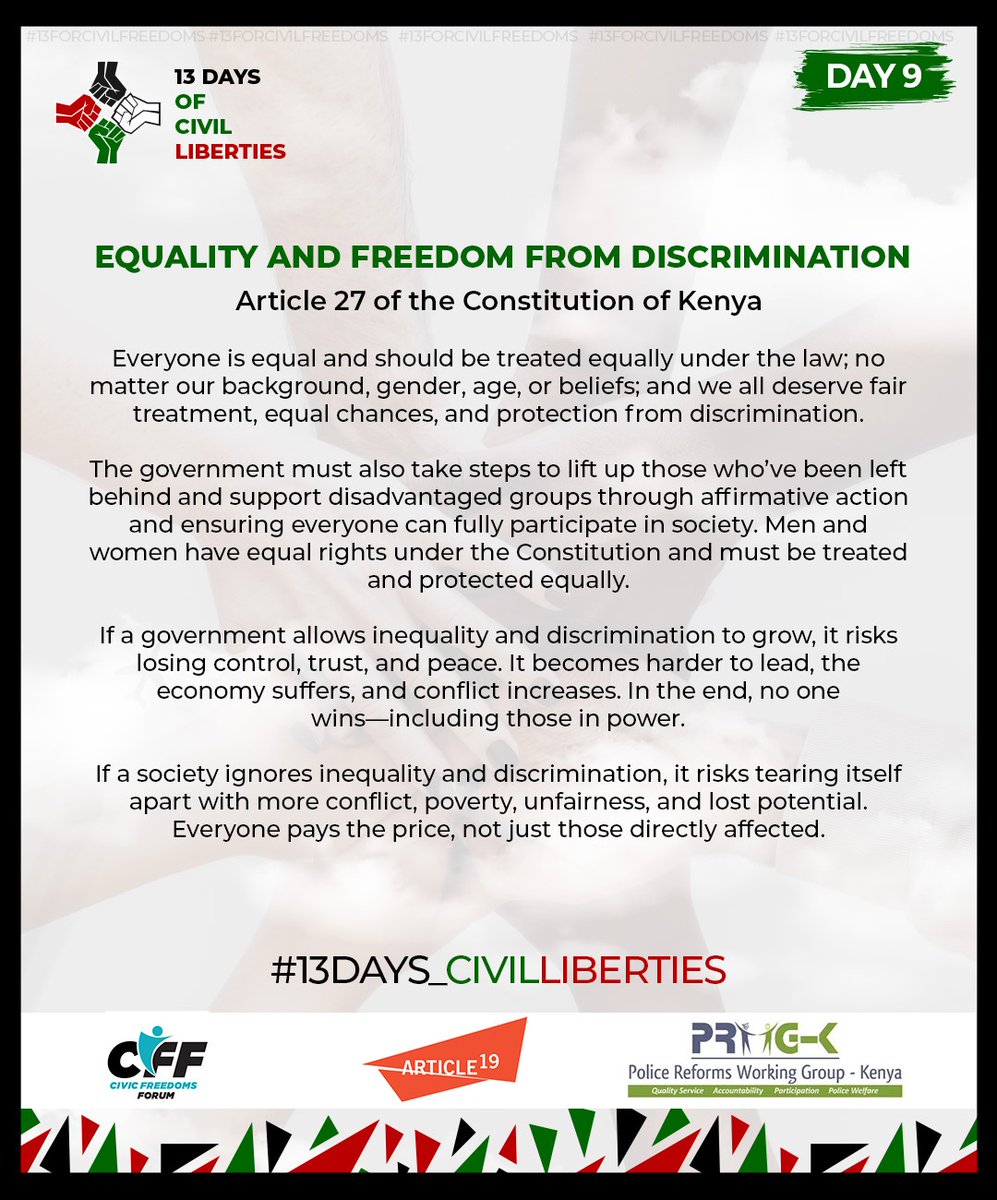 ReformsGroup's tweet image. Article 27 of the Constitution of Kenya guarantees equality and freedom from discrimination. Every person is equal before the law and has the right to equal protection and benefit of the law. #RightToProtest #13Days_CivilLiberties #FreedomofExpression #EndPoliceBrutalityKE