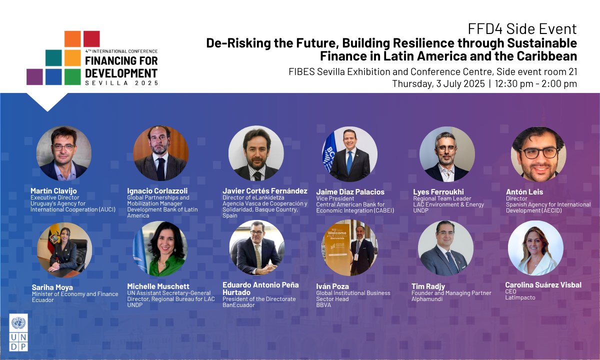 📍 En Sevilla para #FFD4 ? Non perdas:  

Reducir o risco para o futuro: construír resiliencia a través das finanzas sostibles en ALC 
📅 3 de xullo | 🕧 12:30–14:00 | Sala 21

Os riscos en ALC son estruturais. Repensemos como financiamos a resiliencia.
financing.desa.un.org/ffd4